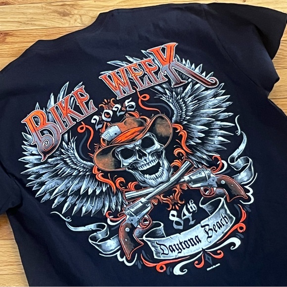 Gildan Other - Gildan Black Bike Week Daytona Beach Skull Graphic Tee with Orange Accents